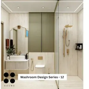 Cream surfaces and green accents — bathroom design, view 1