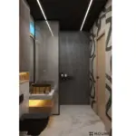 Grey surfaces and warm wood tones — bathroom design, view 2