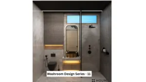 Grey surfaces and warm wood tones — bathroom design, view 1