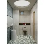 Blue-green texture and a round mirror — bathroom design, view 2