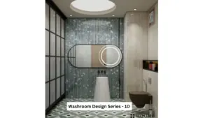 Blue-green texture and a round mirror — bathroom design, view 1