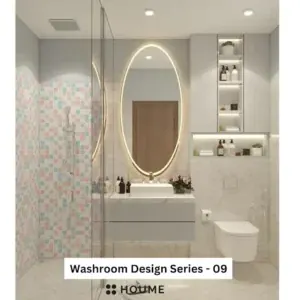 Light walls and a glowing oval mirror — bathroom design, view 1