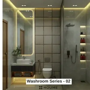 Grey shower zone and warm vanity — bathroom design, view 1