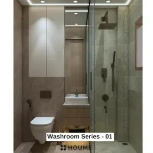 Grey surfaces and wood-look storage — bathroom design, view 1