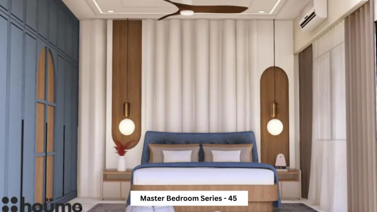 Blue wardrobe and a soft headboard — bedroom design, view 1