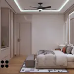 Neutral panels and geometric ceiling lines — bedroom design, view 2