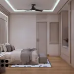 Neutral panels and geometric ceiling lines — bedroom design, view 3