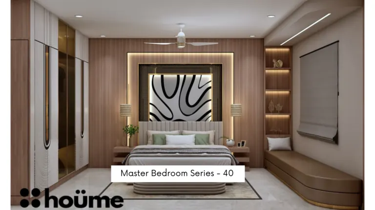 Wood-look headboard wall and graphic art — bedroom design, view 1
