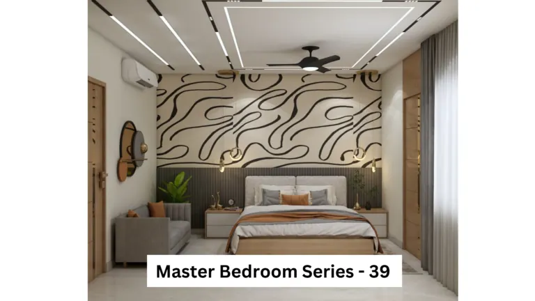Cream wall with bold line art — bedroom design, view 1