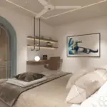 Wood-look wall and teal headboard — bedroom design, view 3
