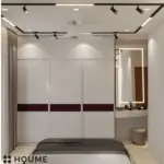 Cream wall with a deep red accent — bedroom design, view 3
