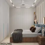 Blue headboard and flowing wall art — bedroom design, view 2