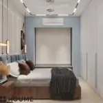 Blue headboard and flowing wall art — bedroom design, view 3