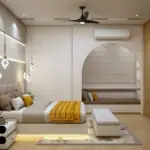 Grey wall and mustard accents — bedroom design, view 2
