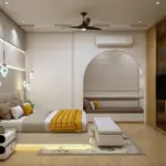 Grey wall and mustard accents — bedroom design, view 3