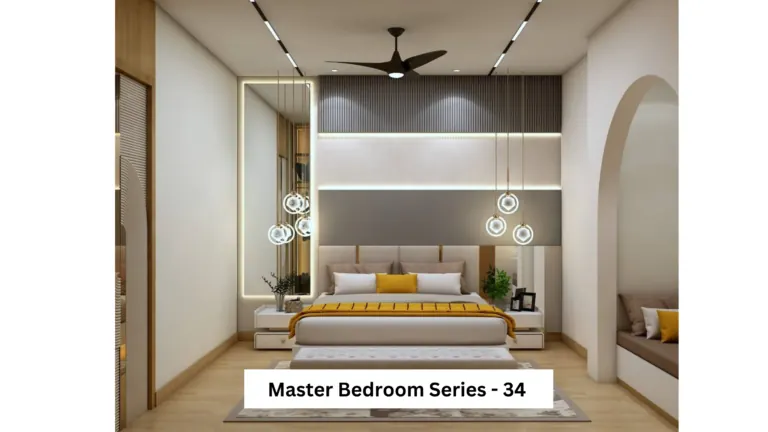 Grey wall and mustard accents — bedroom design, view 1
