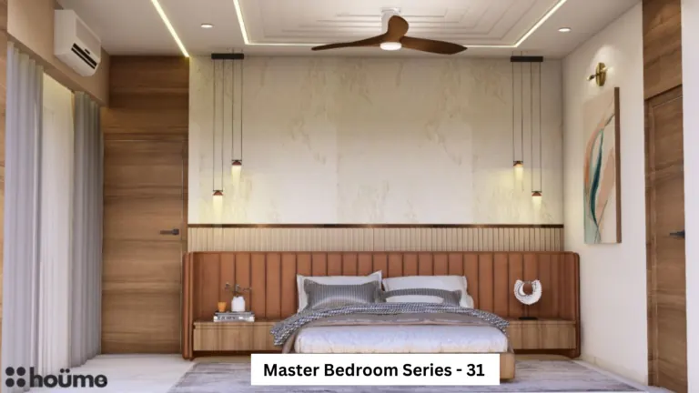 Cream wall and lower wood-look panel — bedroom design, view 1