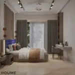 White and wood with a blue headboard — bedroom design, view 2