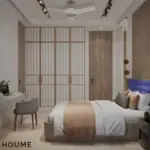 White and wood with a blue headboard — bedroom design, view 3
