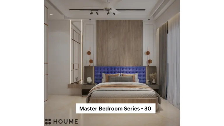 White and wood with a blue headboard — bedroom design, view 1