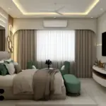 Sage green bed and seating — bedroom design, view 3