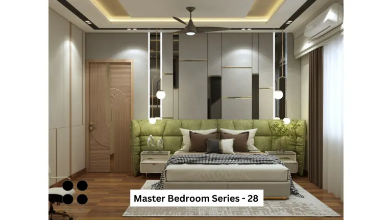 Green headboard and contrasting panels — bedroom design, view 1