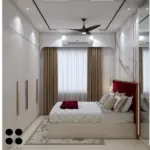 White and grey with a red headboard — bedroom design, view 2