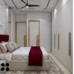 White and grey with a red headboard — bedroom design, view 3