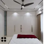 White and grey with a red headboard — bedroom design, view 4