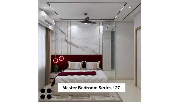 White and grey with a red headboard — bedroom design, view 1