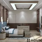 Dark wood-look wall and blue headboard — bedroom design, view 3