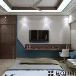 Dark wood-look wall and blue headboard — bedroom design, view 4