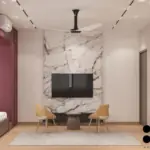 Light walls and maroon accents — bedroom design, view 3