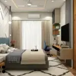 White graphic wall and teal bed — bedroom design, view 3