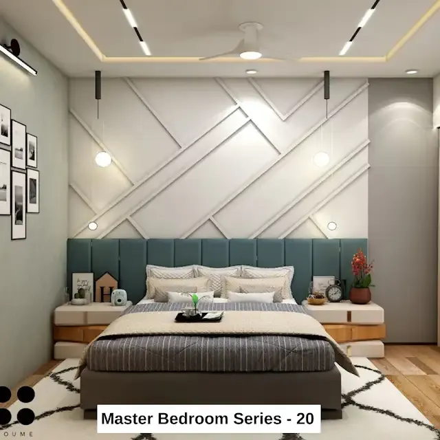 White graphic wall and teal bed — bedroom design, view 1