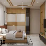 Cream wall with warm wood-look panelling — bedroom design, view 2