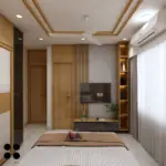 Cream wall with warm wood-look panelling — bedroom design, view 3