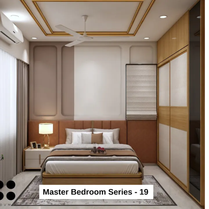 Cream wall with warm wood-look panelling — bedroom design, view 1