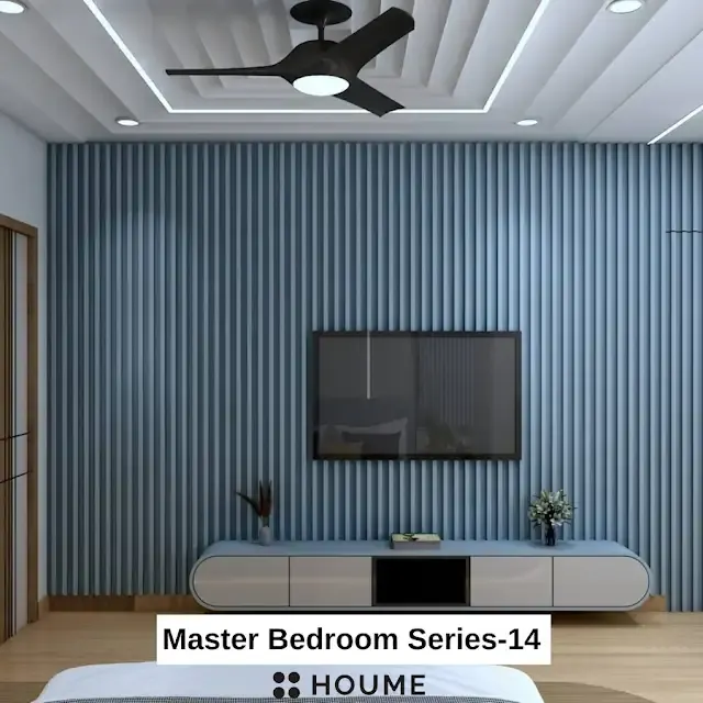 Blue fluted television wall — bedroom design, view 1