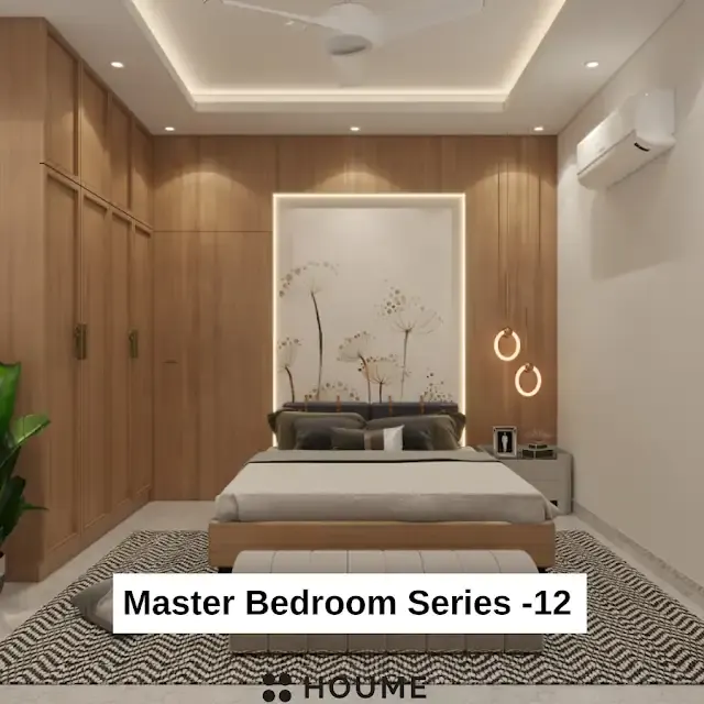 Warm wood-look wall and wardrobe — bedroom design, view 1
