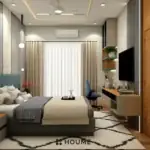 White and grey with a teal bed — bedroom design, view 2