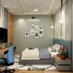 White and grey with a teal bed — bedroom design, view 3
