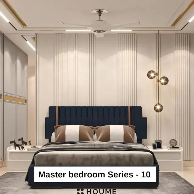Cream wall and deep blue headboard — bedroom design, view 1