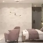 Cream mural wall and soft pink accents — bedroom design, view 4