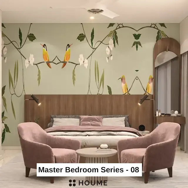 Cream mural wall and soft pink accents — bedroom design, view 1