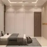 Warm wood-look headboard wall — bedroom design, view 2