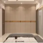 Warm wood-look headboard wall — bedroom design, view 3