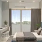 Cream pattern and a teal headboard — bedroom design, view 3