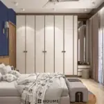 Blue feature wall and warm storage — bedroom design, view 2