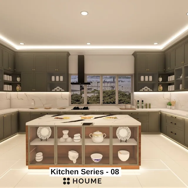 U-shape with Island kitchen design visual, Jaipur, Houme series 8
